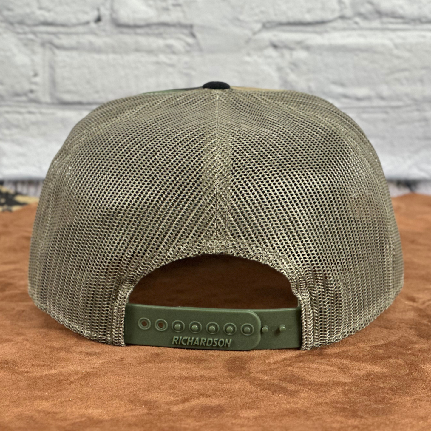 Camo Richardson 7-Panel Trucker Cap – Engraved Leatherette Patch Hat - Whiskey Shoals