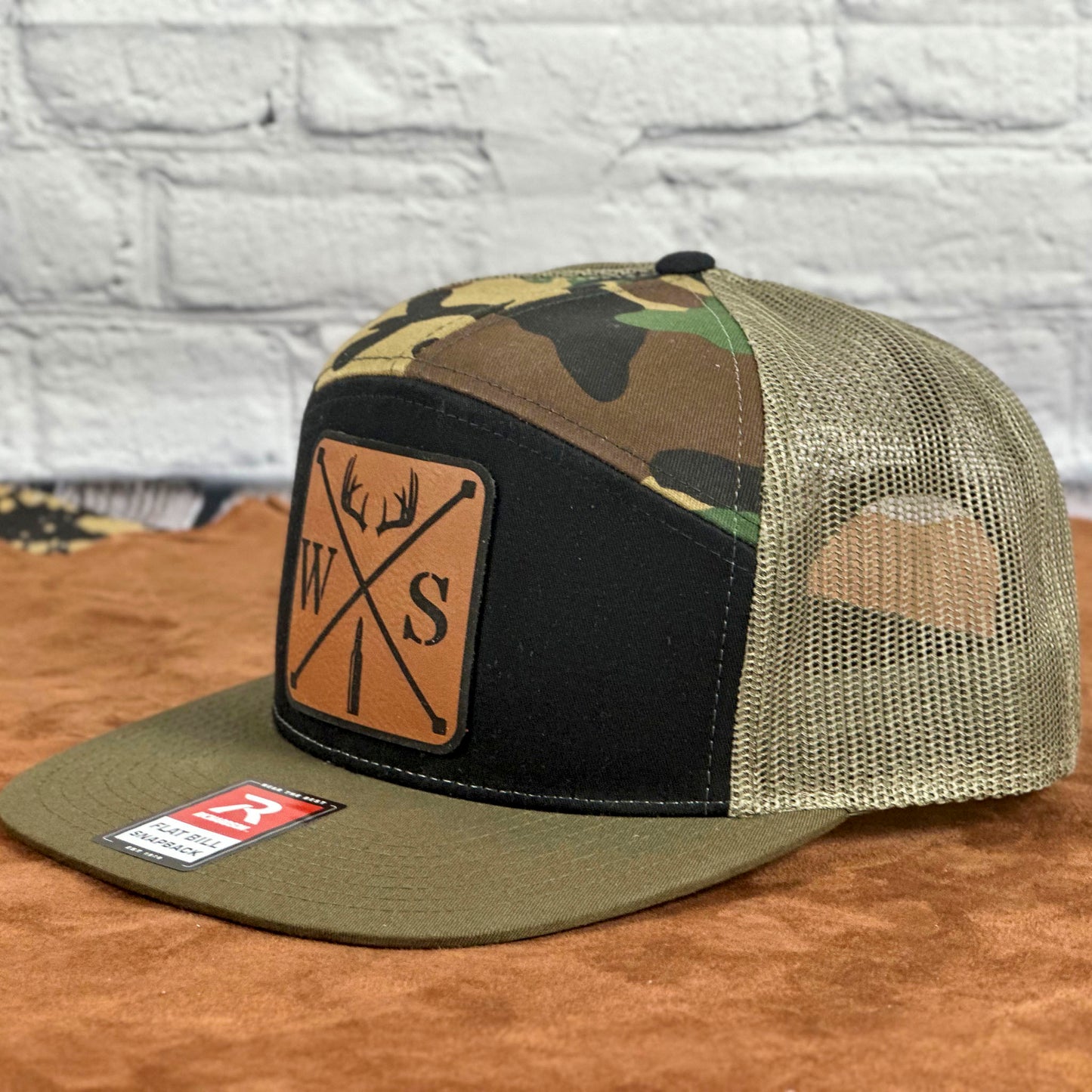 Camo Richardson 7-Panel Trucker Cap – Engraved Leatherette Patch Hat - Whiskey Shoals