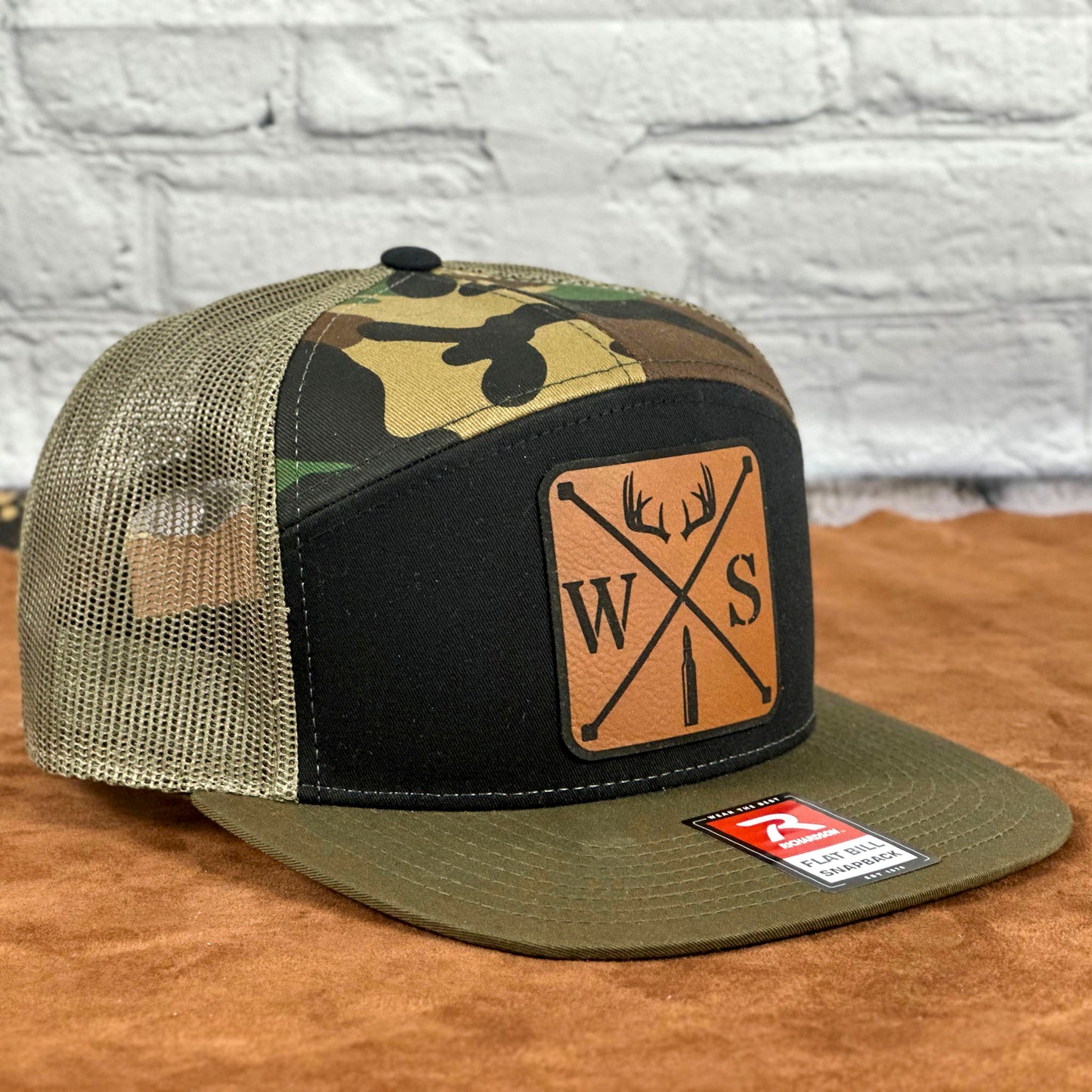 Camo Richardson 7-Panel Trucker Cap – Engraved Leatherette Patch Hat - Whiskey Shoals