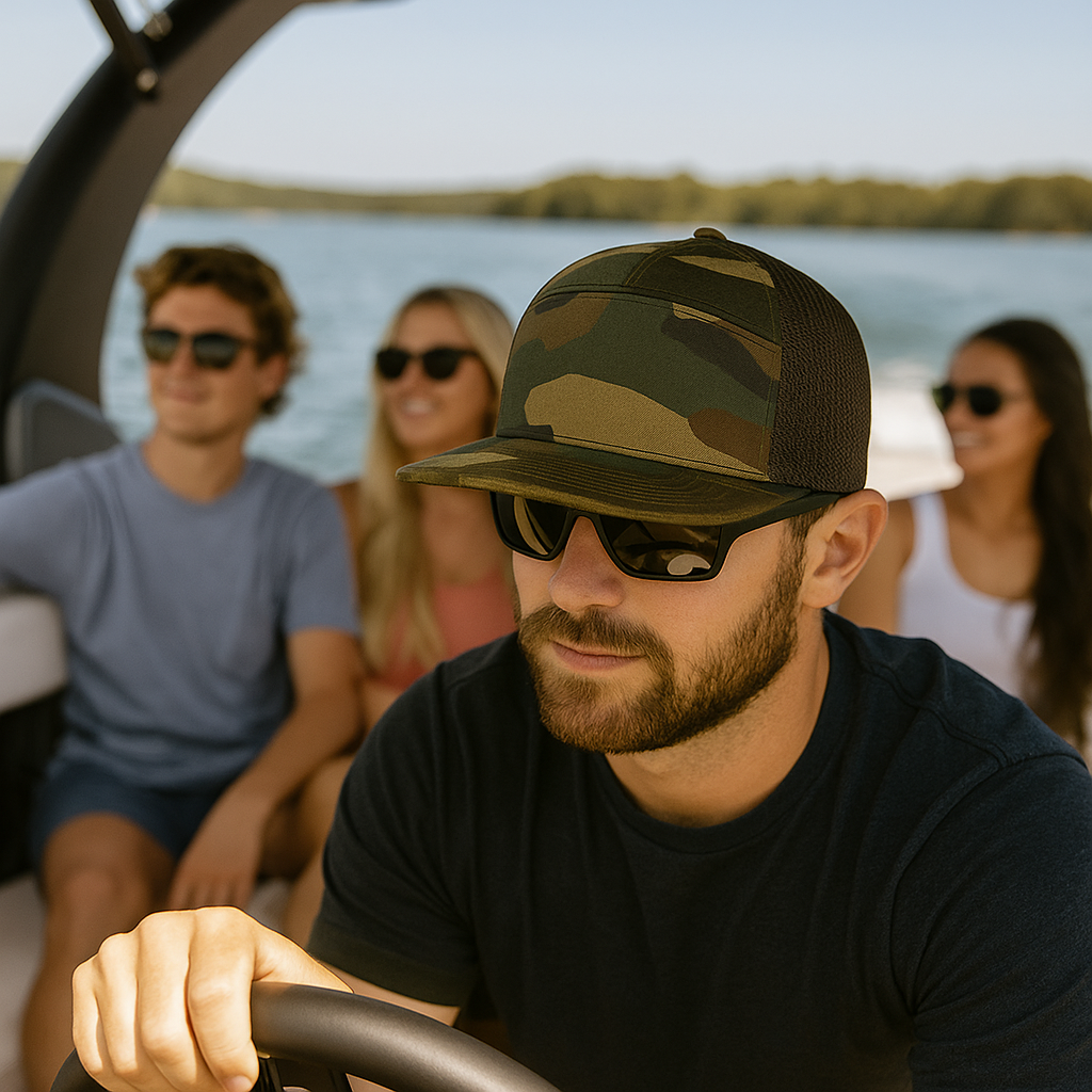 Man wearing a woodland camo trucker hat and sunglasses while driving a boat, with three friends in the background enjoying a sunny day on the lake.