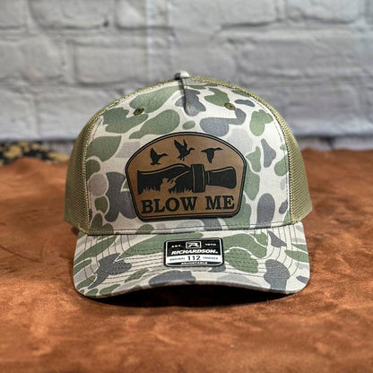 Richardson 112PFP Marsh duck camo snapback hat with leather "Blow Me" duck call patch, mesh back trucker cap for duck hunters and outdoorsmen.